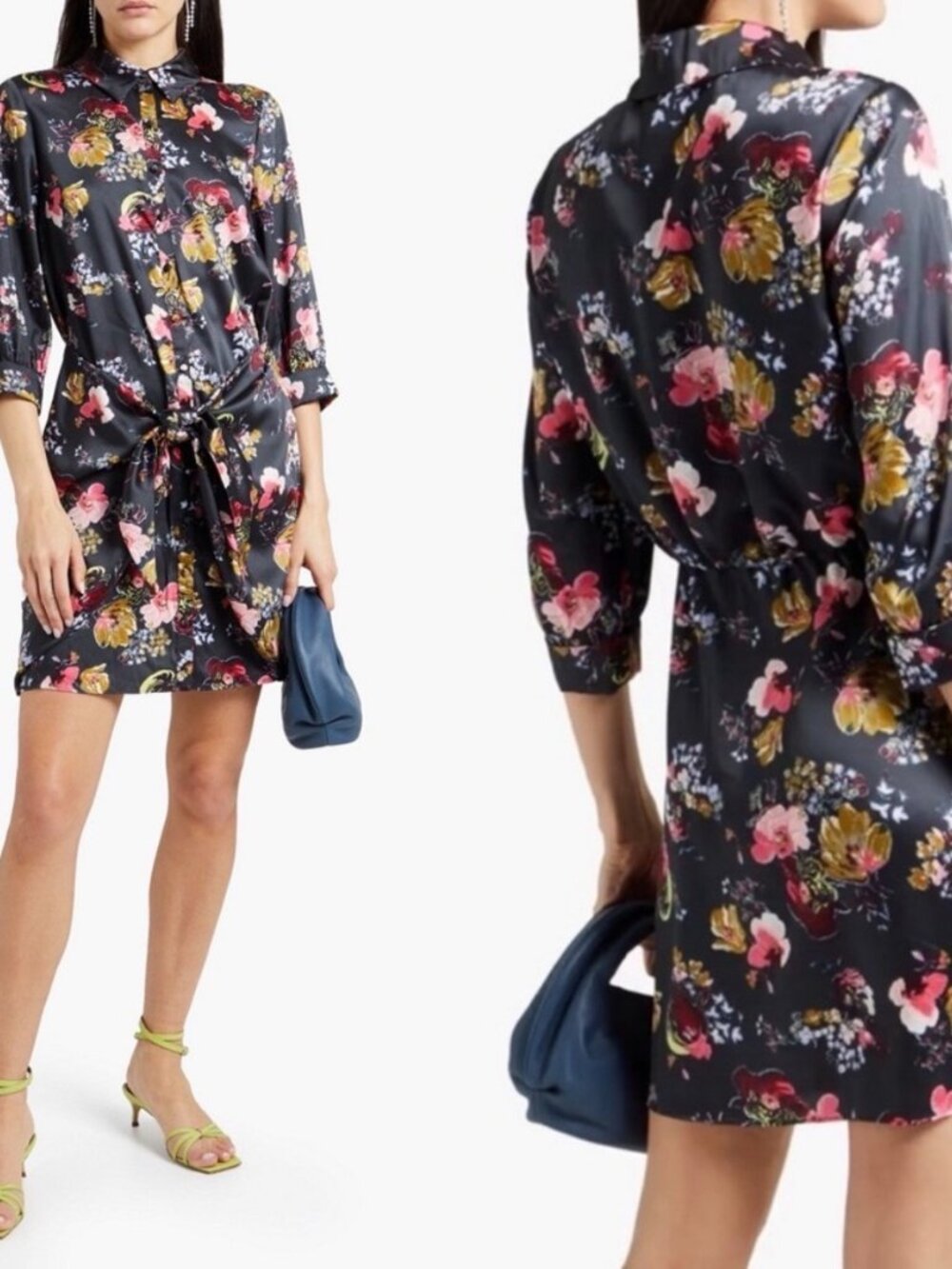 Cinq à Sept Gaby Floral Tie Front Shirt Dress Black Size 8